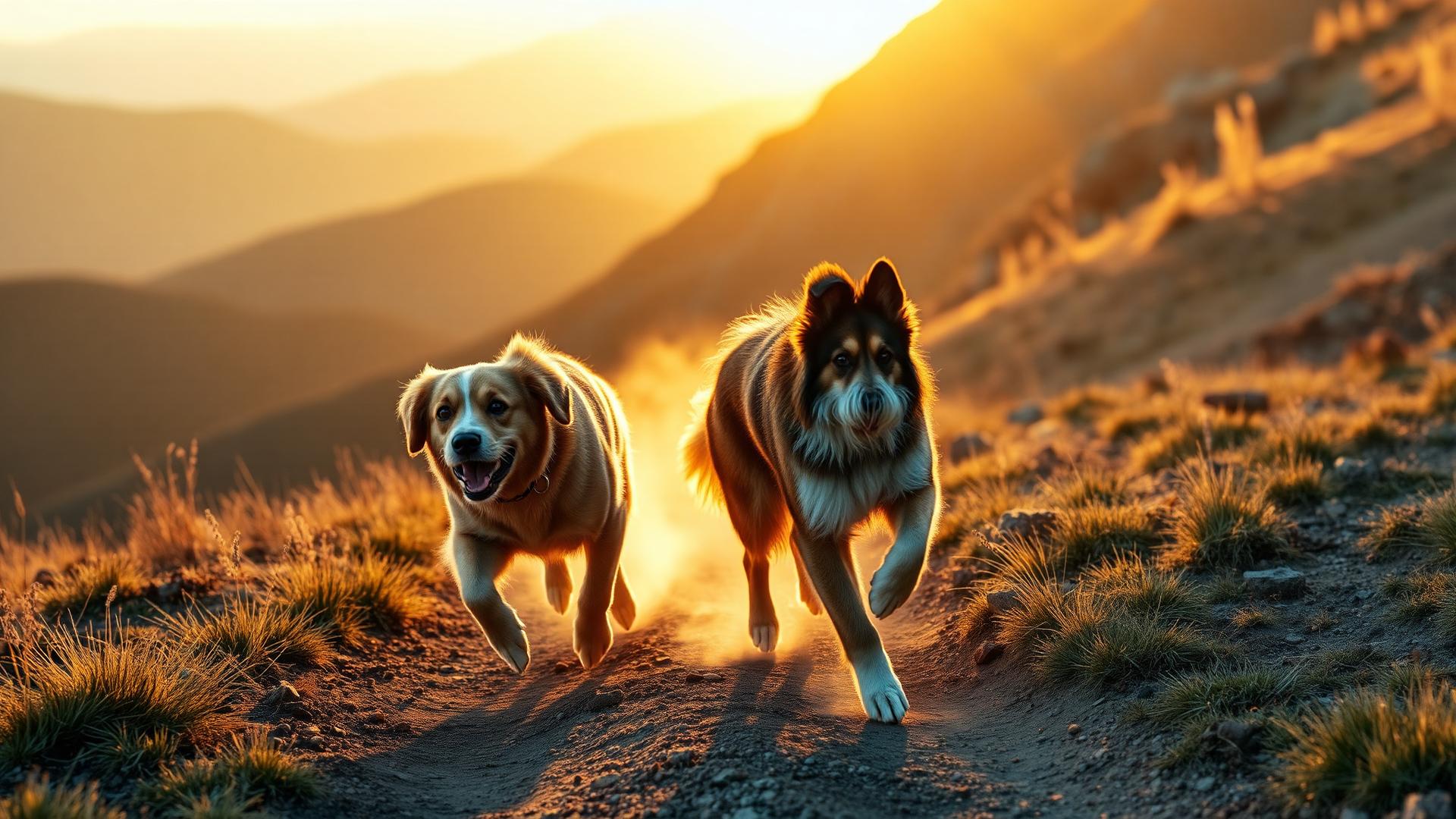 Two dogs running together on a golden hour mountain trail