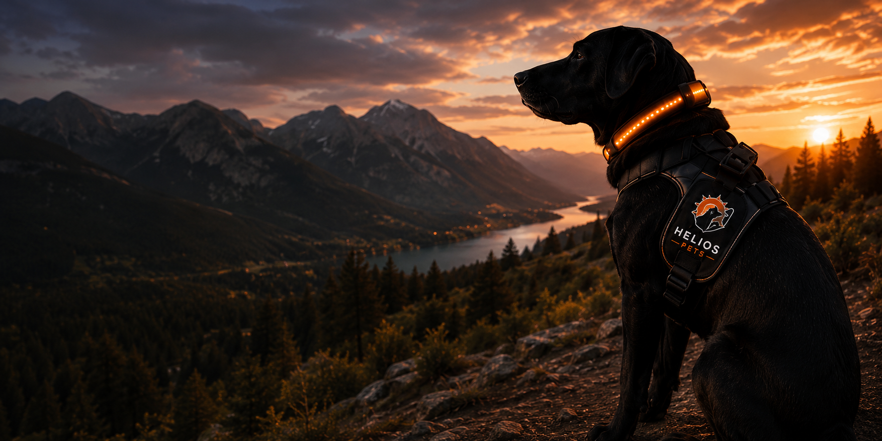 Adventure dog wearing TrailReady harness on a mountain trail