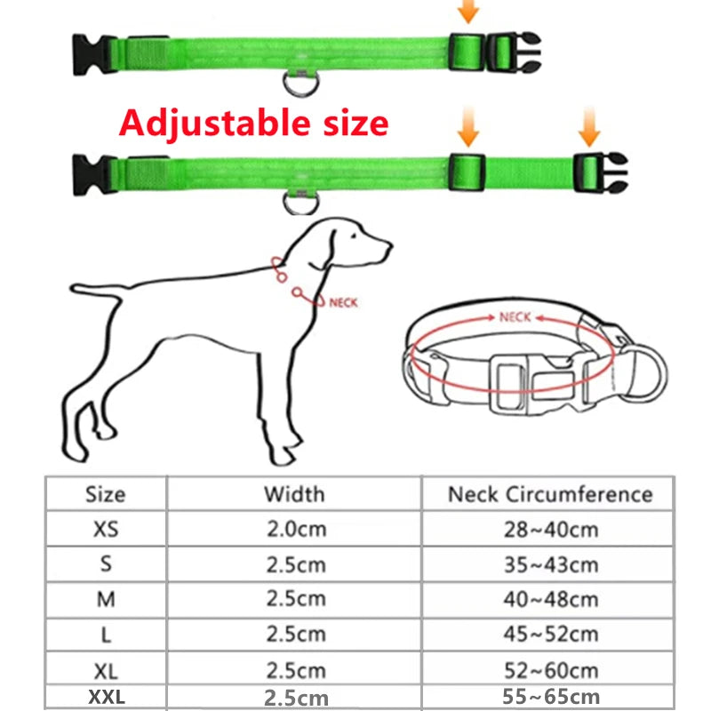 USB Rechargeable Luminous Collar Adjustable Led Glowing Dog Collar for Large Small Dogs
